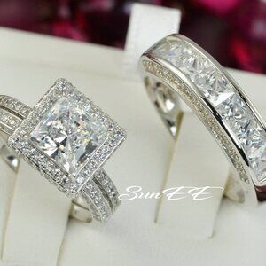 New His Hers Real 925 Wedding Engagement Ring Set